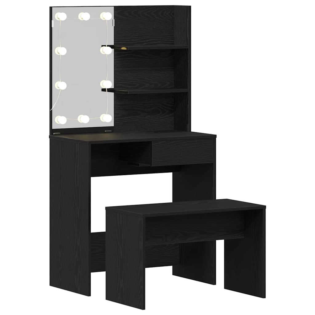 LED Sminkbord Set med låda 2 pcs Svart Ek Konstruerat trä
