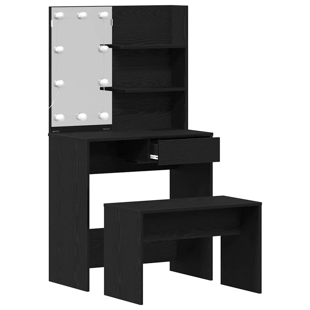 LED Sminkbord Set med låda 2 pcs Svart Ek Konstruerat trä