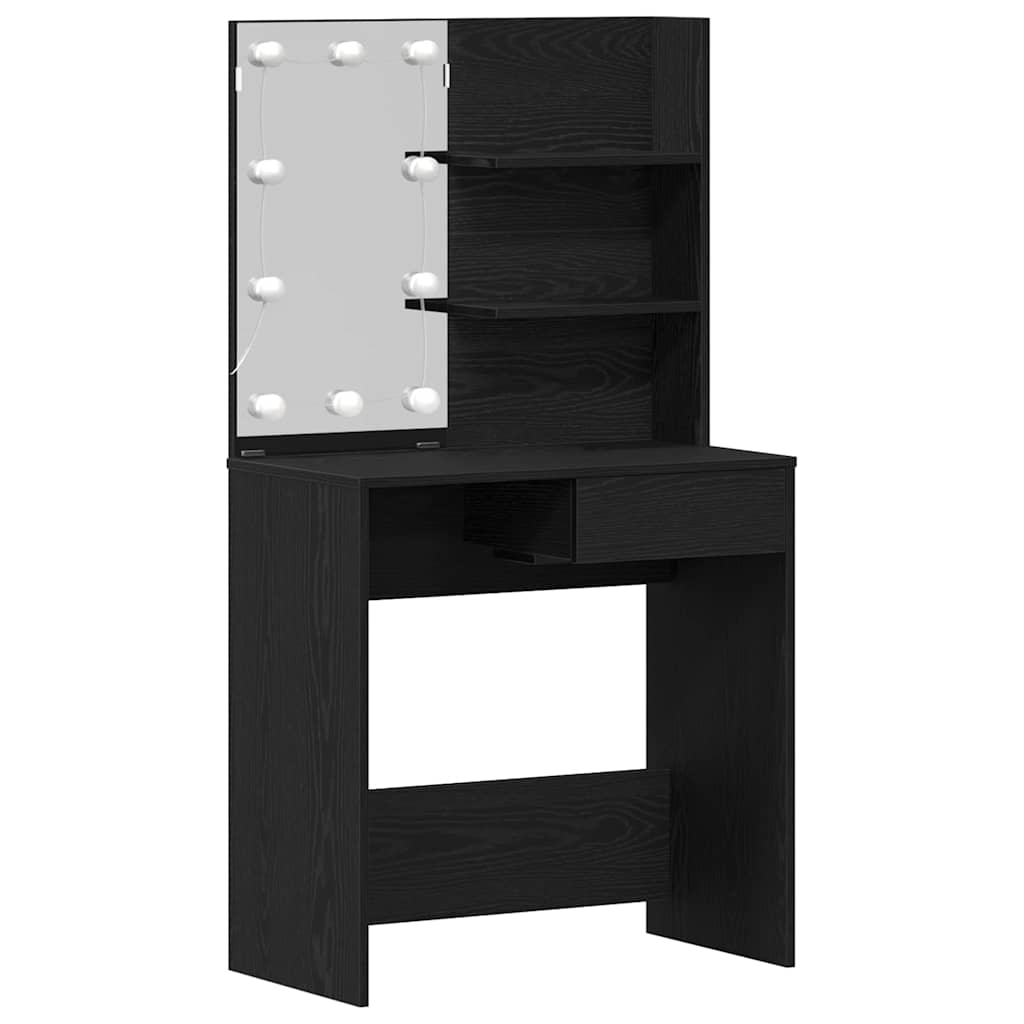 LED Sminkbord Set med låda 2 pcs Svart Ek Konstruerat trä