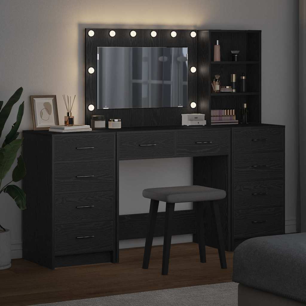 Smyckebord med spegelbelysning 3 pcs Svart Ek Konstruerat trä