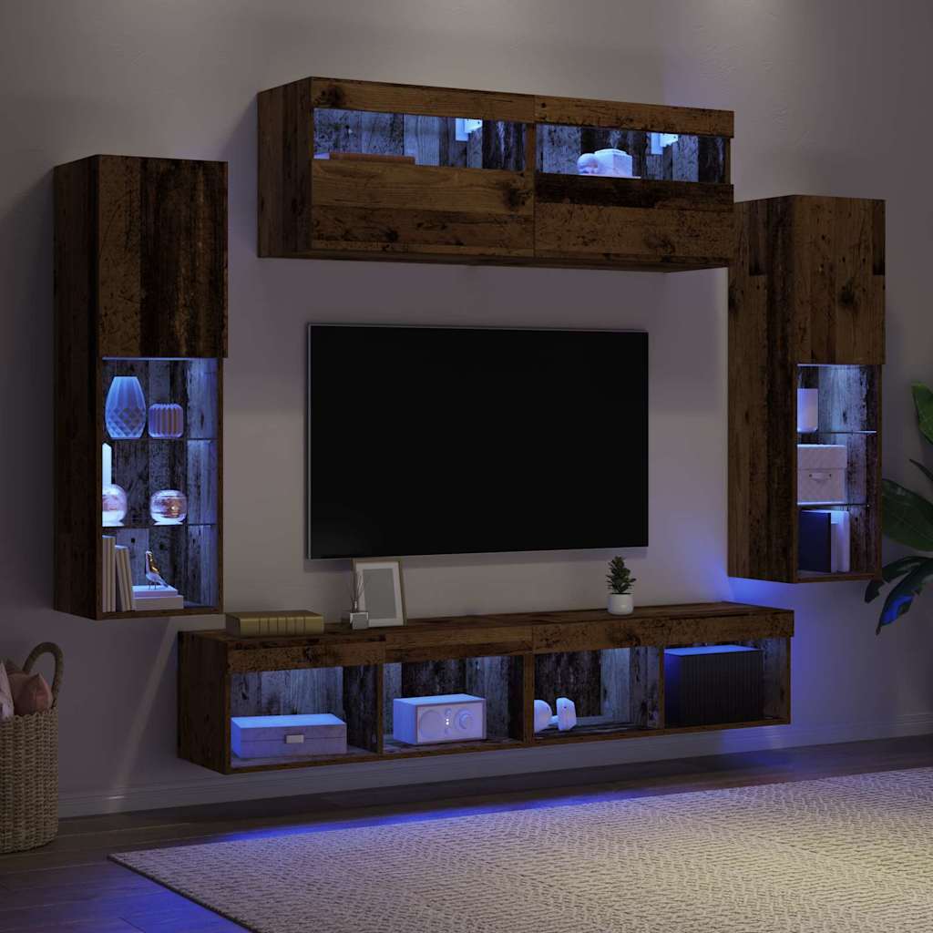 TV-bänkset med LED -remsljus 6 pcs Gammalt trä Konstruerat trä