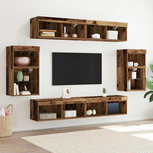TV-bänkset med LED -remsljus 8 pcs Gammalt trä Konstruerat trä