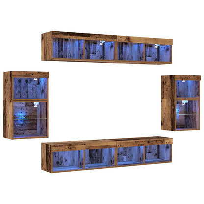 TV-bänkset med LED -remsljus 8 pcs Gammalt trä Konstruerat trä