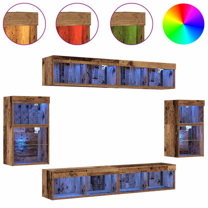 TV-bänkset med LED -remsljus 8 pcs Gammalt trä Konstruerat trä