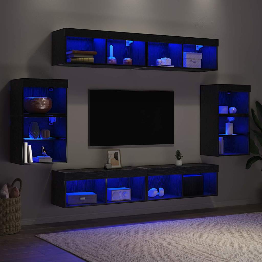 TV-bänkset med LED -remsljus 8 pcs Svart ek Konstruerat trä