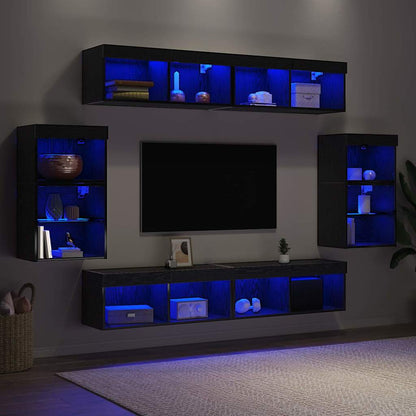 TV-bänkset med LED -remsljus 8 pcs Svart ek Konstruerat trä