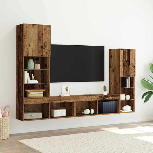 TV-skåp med LED -remsljus 4 pcs Gammalt trä Konstruerat trä
