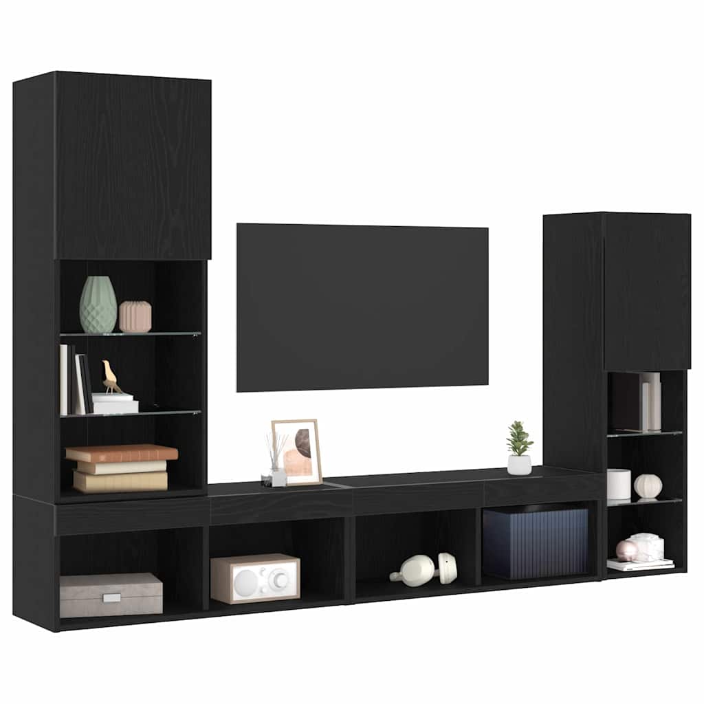 TV-skåp med LED -remsljus 4 pcs Svart ek Konstruerat trä