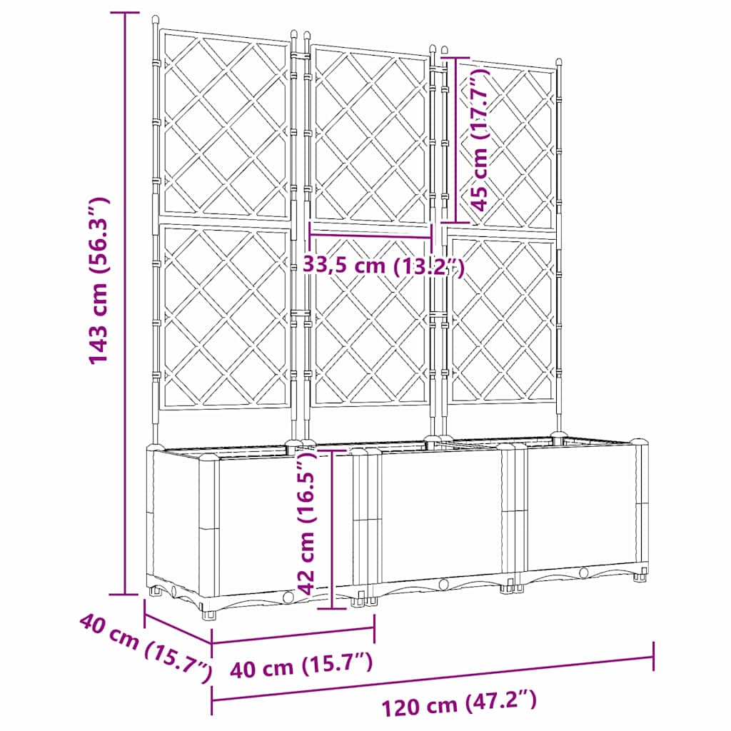 Trädgårdsspaljé Odlingslåda PP Grå 3 pcs 120 x 40 x 143 cm