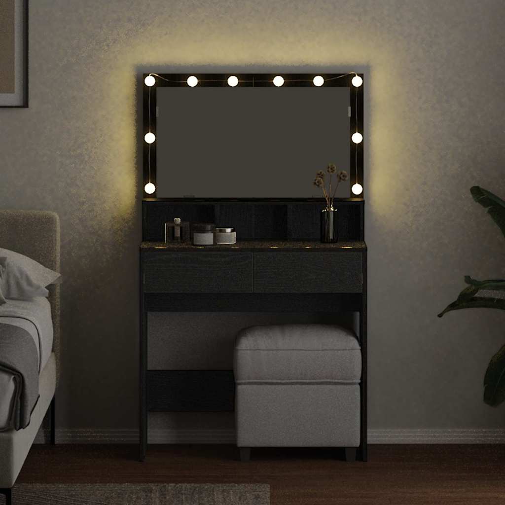 Smyckebord med låda Svart Ek 80 x 41 x 134,5 cm Konstruerat trä