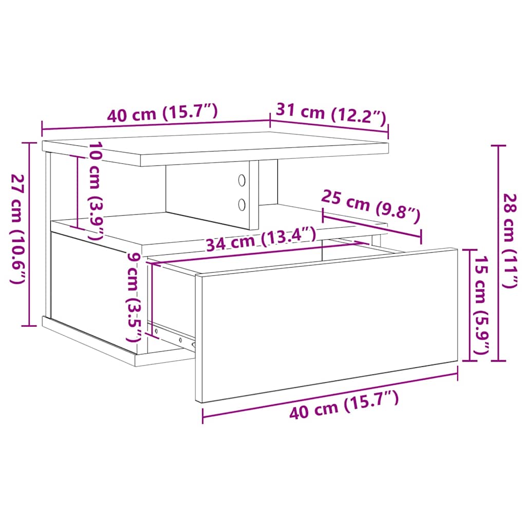 Flytande Nattduksbord med låda 2 pcs Svart Ek 40 x 31 x 28 cm
