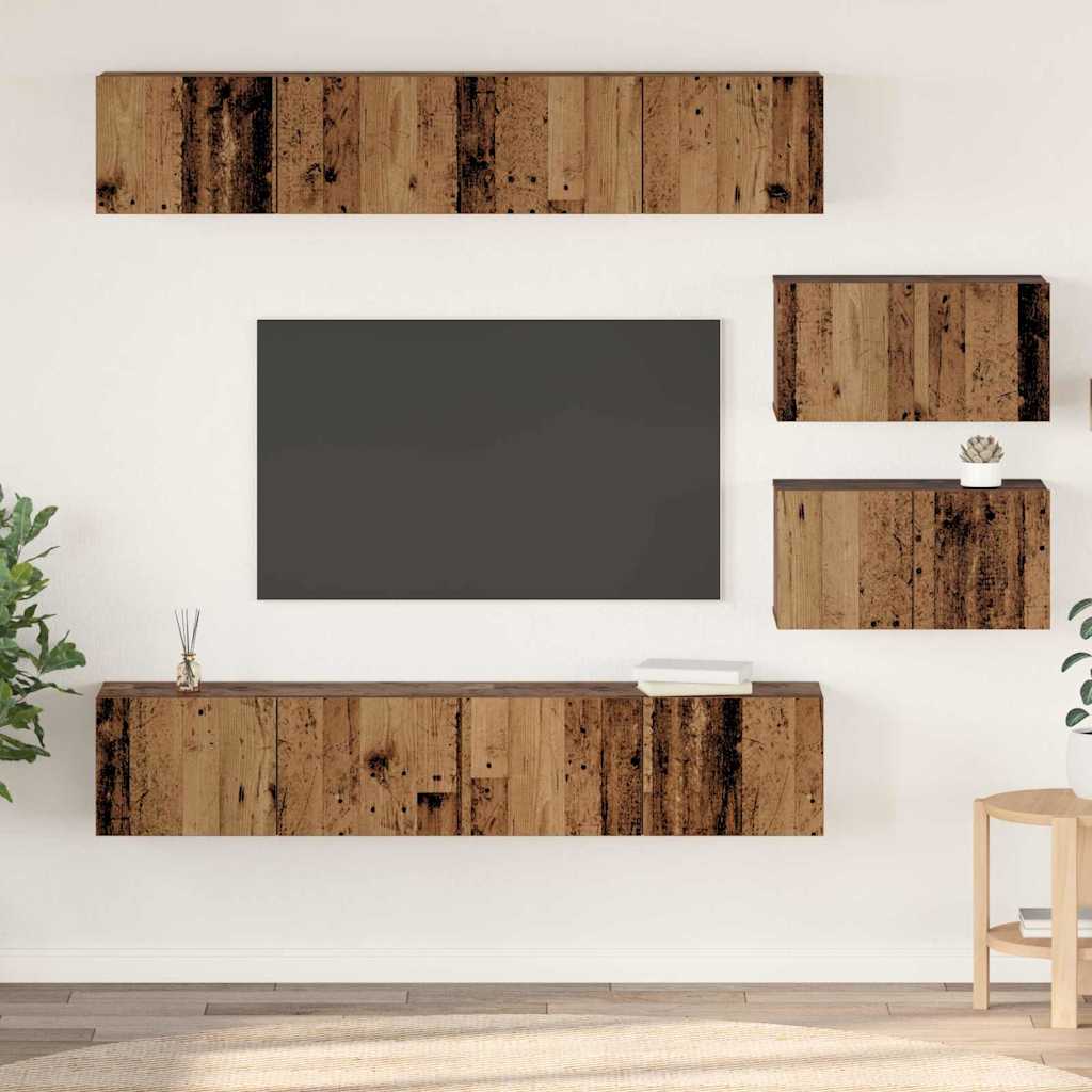 TV-bänkset Väggmonterad 6 pcs Gammalt trä Konstruerat trä