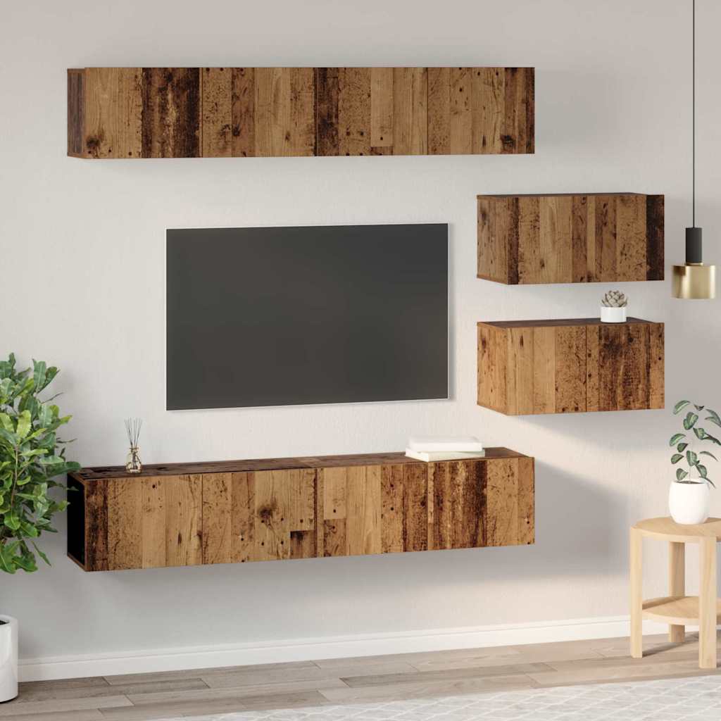 TV-bänkset Väggmonterad 6 pcs Gammalt trä Konstruerat trä