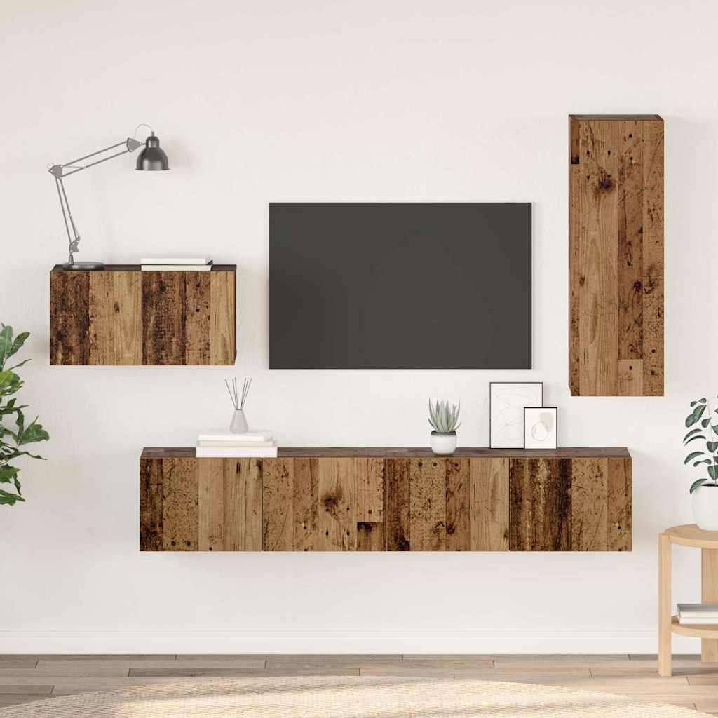 TV-bänkset med låda 4 pcs Gammalt trä Konstruerat trä