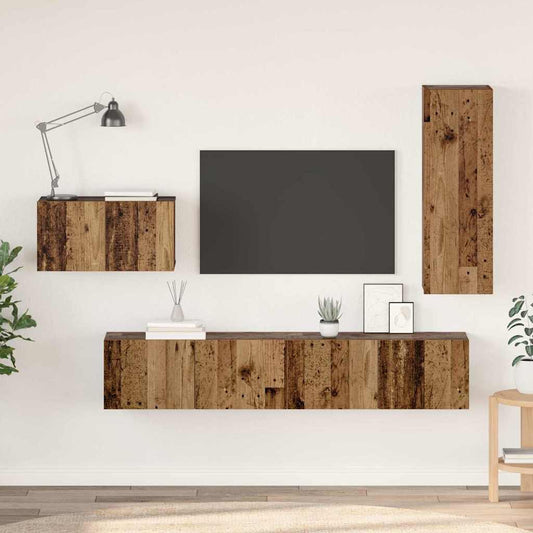 TV-bänkset med låda 4 pcs Gammalt trä Konstruerat trä