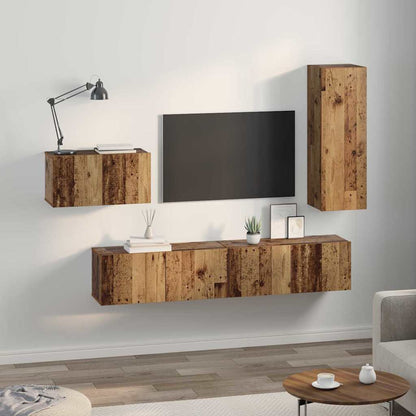 TV-bänkset med låda 4 pcs Gammalt trä Konstruerat trä