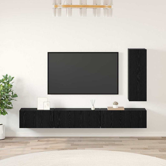 TV-bänkset med låda Väggmonterad 4 pcs Svart Ek Konstruerat trä