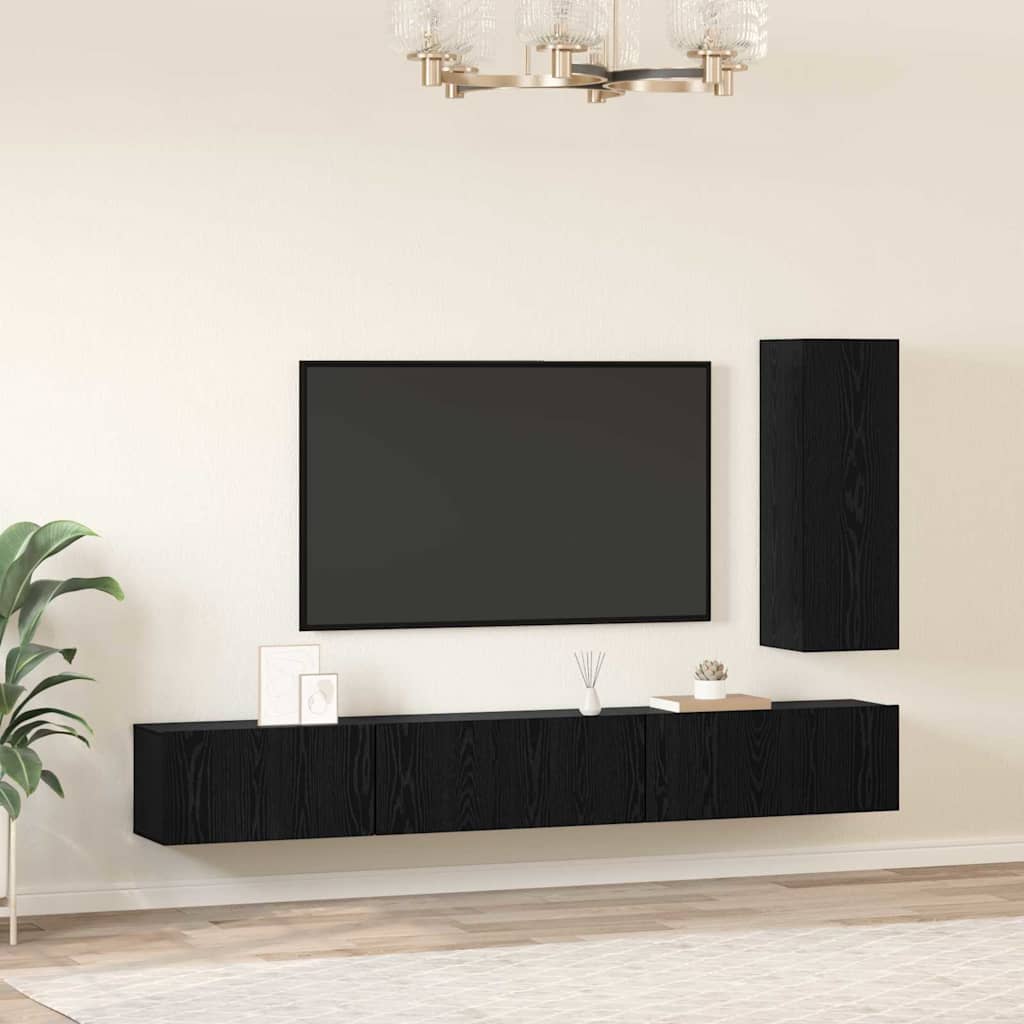 TV-bänkset med låda Väggmonterad 4 pcs Svart Ek Konstruerat trä