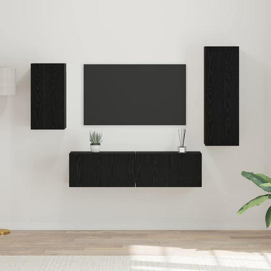 TV-bänkset Väggmonterad 4 pcs Svart Ek Konstruerat trä