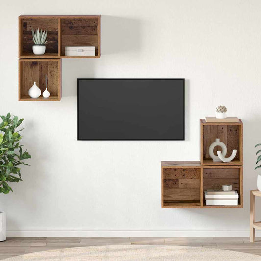 TV-bänkset Väggmonterad 4 pcs Gammalt trä Konstruerat trä