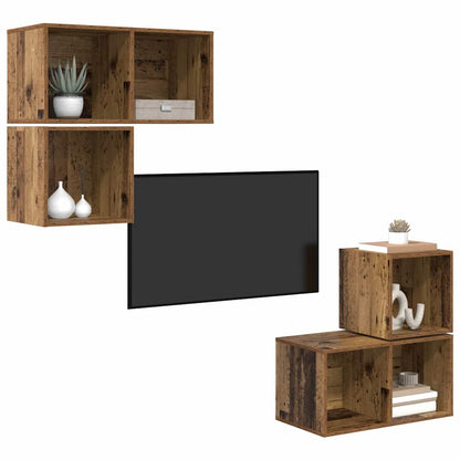 TV-bänkset Väggmonterad 4 pcs Gammalt trä Konstruerat trä