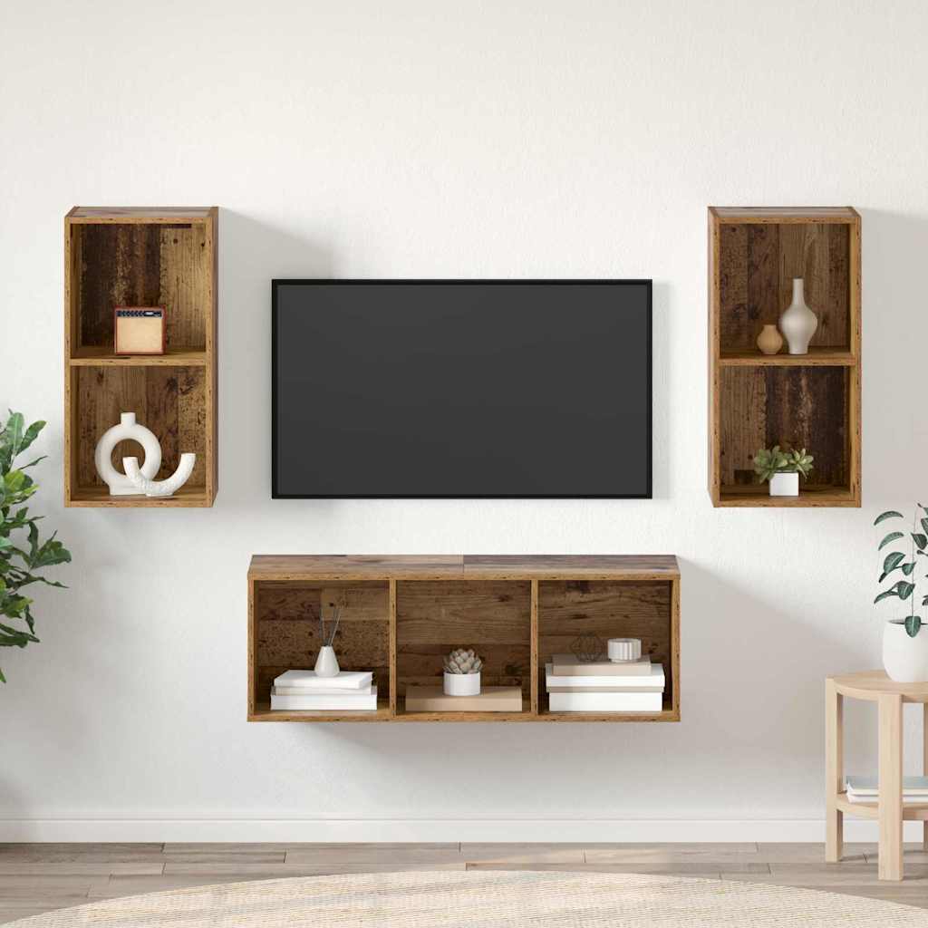 TV-bänkset Väggmonterad 3 pcs Gammalt trä Konstruerat trä