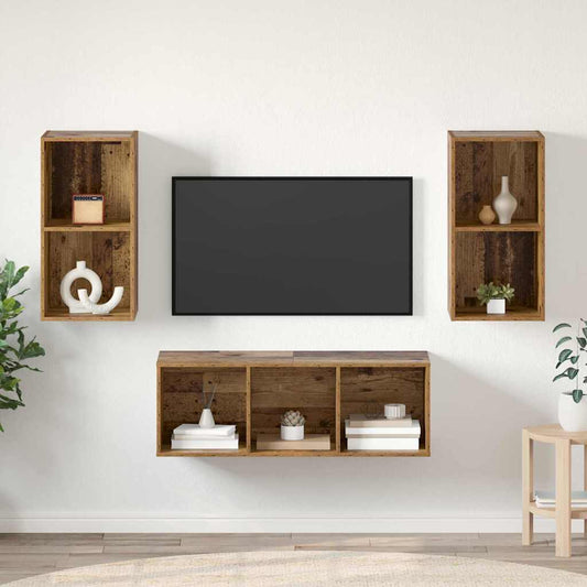 TV-bänkset Väggmonterad 3 pcs Gammalt trä Konstruerat trä
