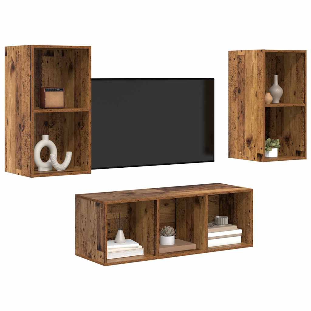 TV-bänkset Väggmonterad 3 pcs Gammalt trä Konstruerat trä
