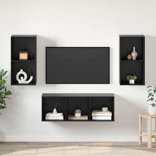 TV-bänkset Väggmonterad 3 pcs Svart Ek Konstruerat trä