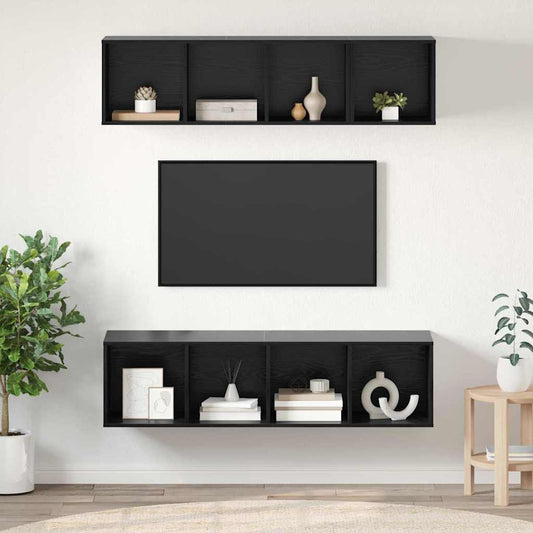 TV-bänkset Väggmonterad 3 pcs Svart Ek Konstruerat trä