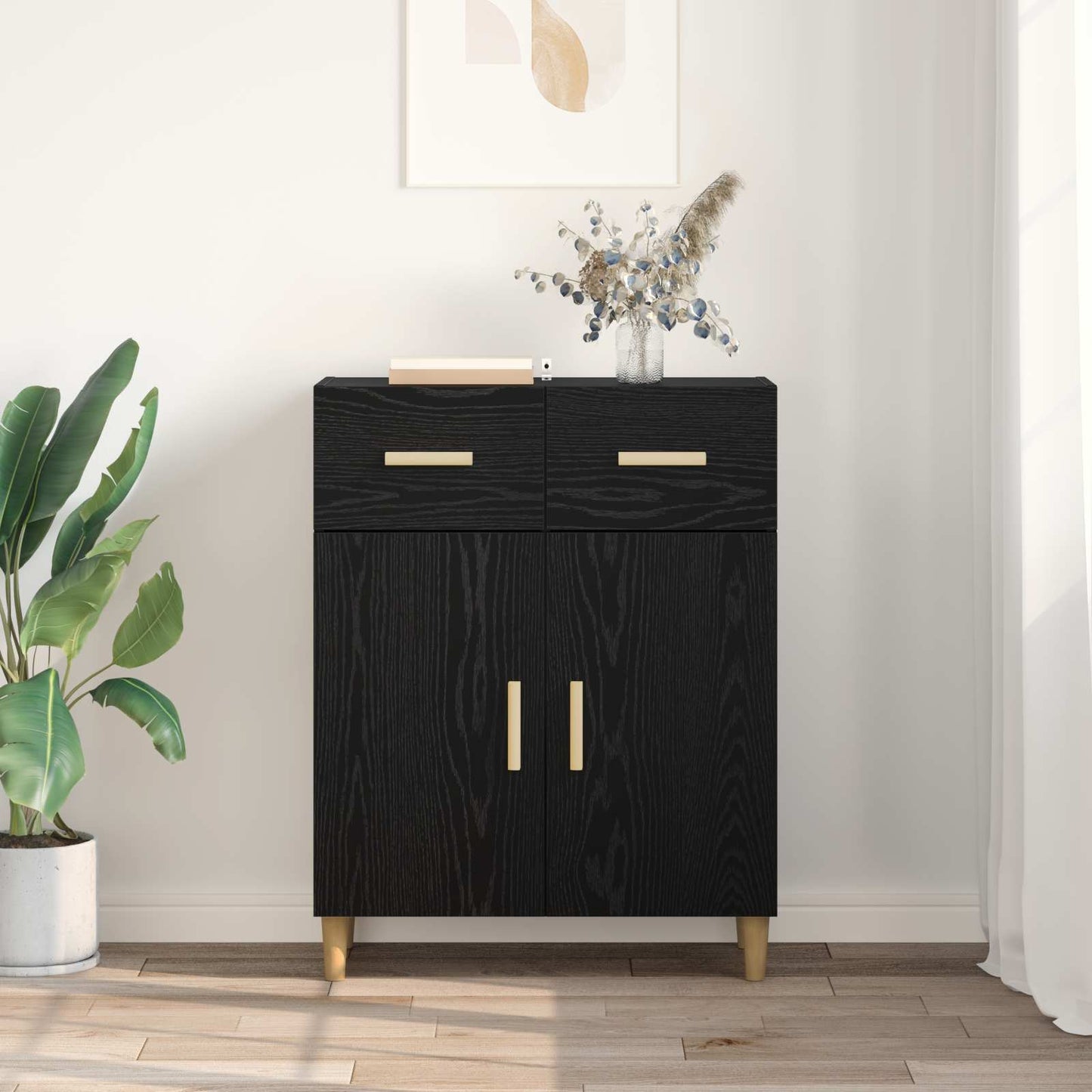 Sideboard med låda Svart ek 34 x 69.5 x 89 cm Konstruerat trä