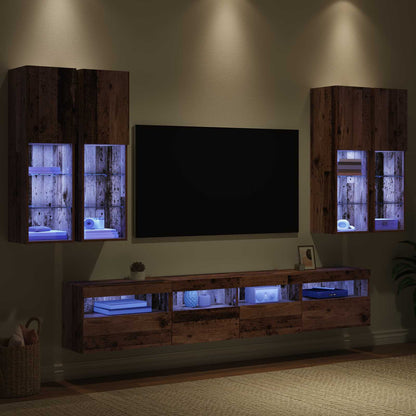TV-väggskåpsset med LED-lampor med led 7 pcs Gammalt trä
