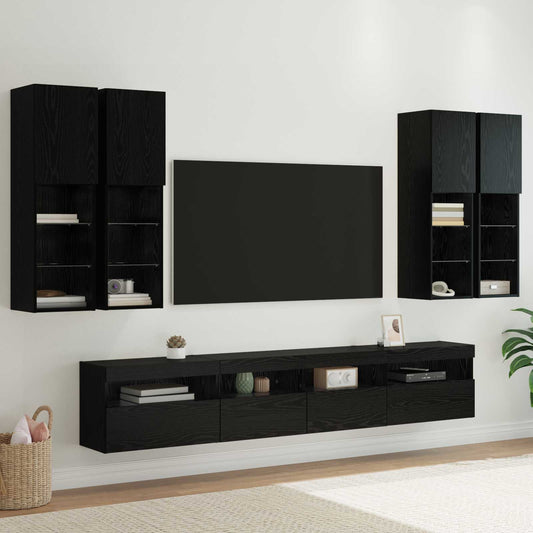 TV-väggskåpsset med LED-lampor 7 pcs Svart Ek 100 x 30 x 40 cm