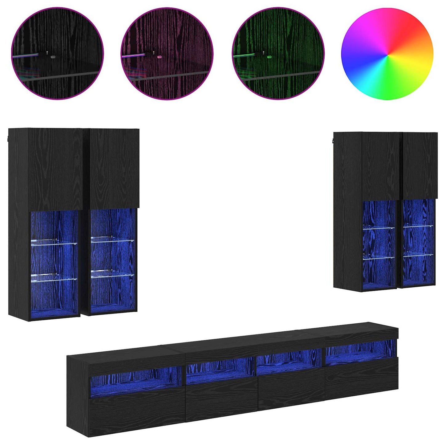 TV-väggskåpsset med LED-lampor 7 pcs Svart Ek 100 x 30 x 40 cm