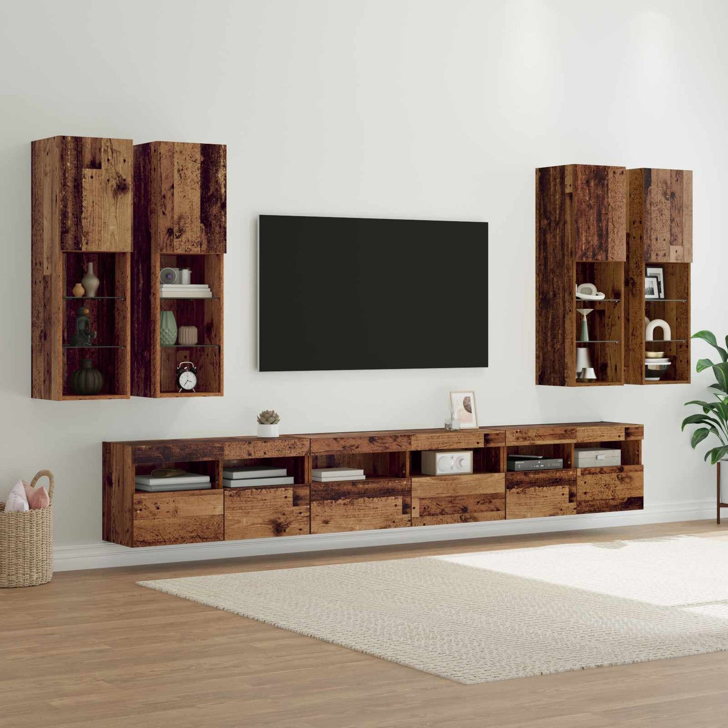 TV väggskåp set Väggmonterad 7 pcs Gammalt trä Konstruerat trä