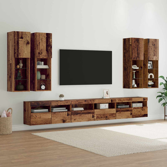 TV väggskåp set Väggmonterad 7 pcs Gammalt trä Konstruerat trä