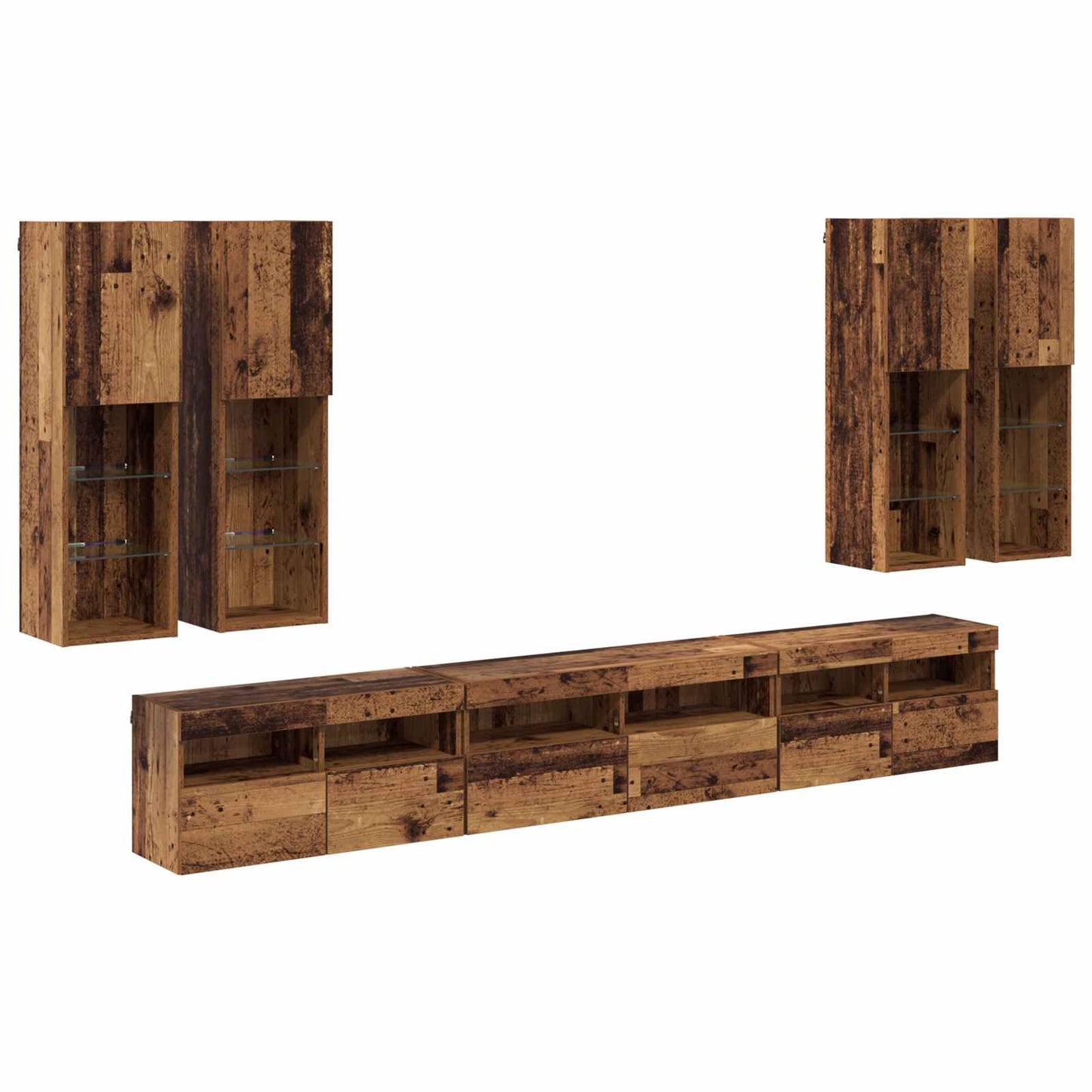 TV väggskåp set Väggmonterad 7 pcs Gammalt trä Konstruerat trä