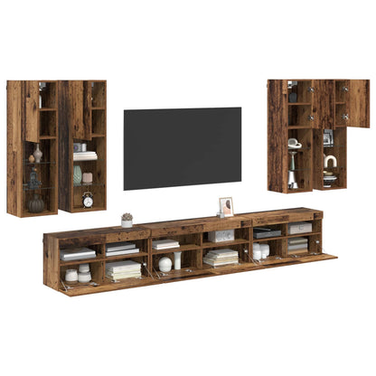 TV väggskåp set Väggmonterad 7 pcs Gammalt trä Konstruerat trä