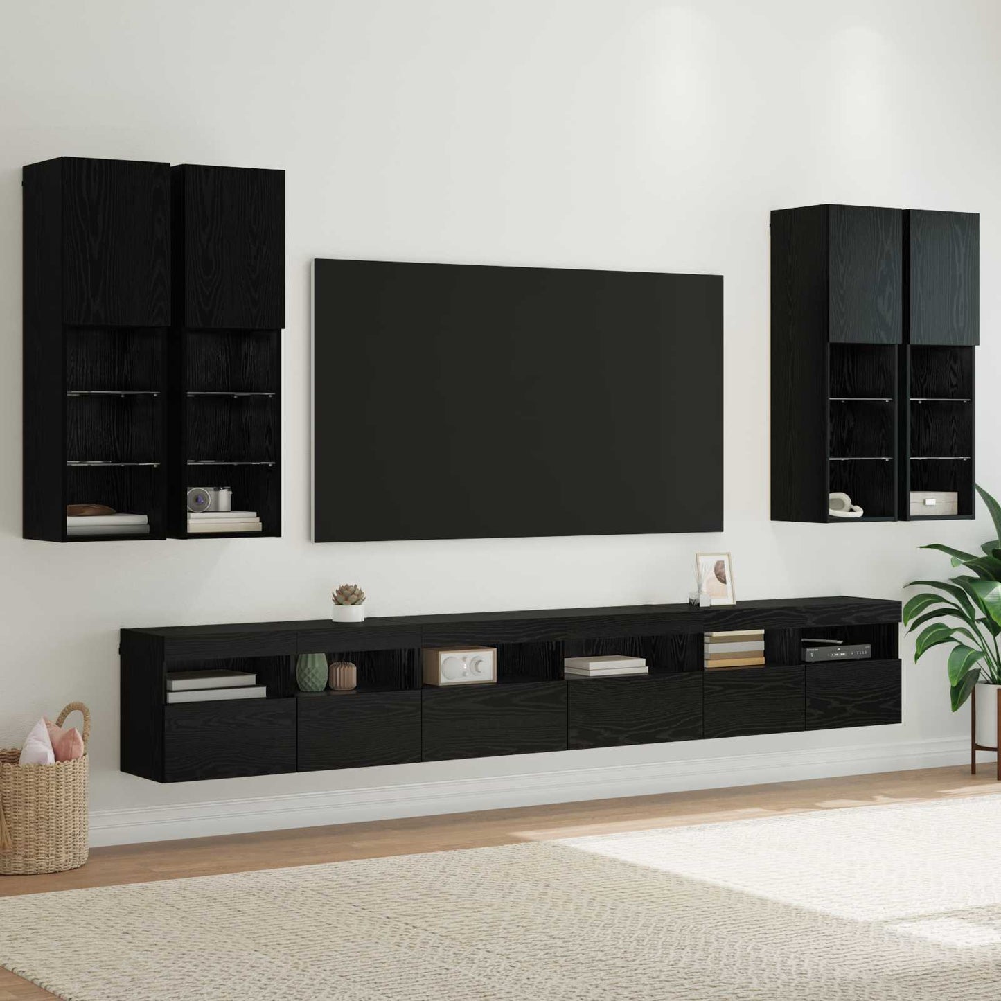 TV väggskåp set Väggmonterad 7 pcs Svart Ek Konstruerat trä