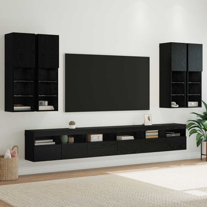 TV väggskåp set Väggmonterad 7 pcs Svart Ek Konstruerat trä