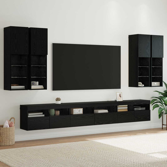 TV väggskåp set Väggmonterad 7 pcs Svart Ek Konstruerat trä