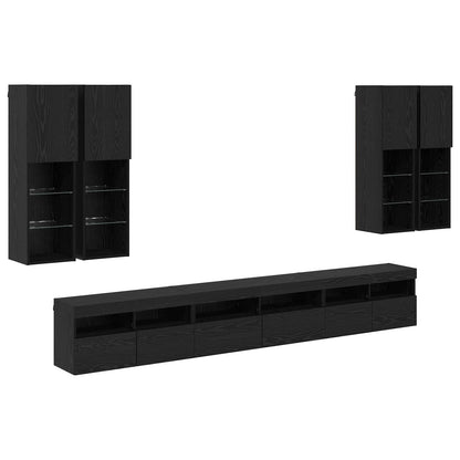 TV väggskåp set Väggmonterad 7 pcs Svart Ek Konstruerat trä