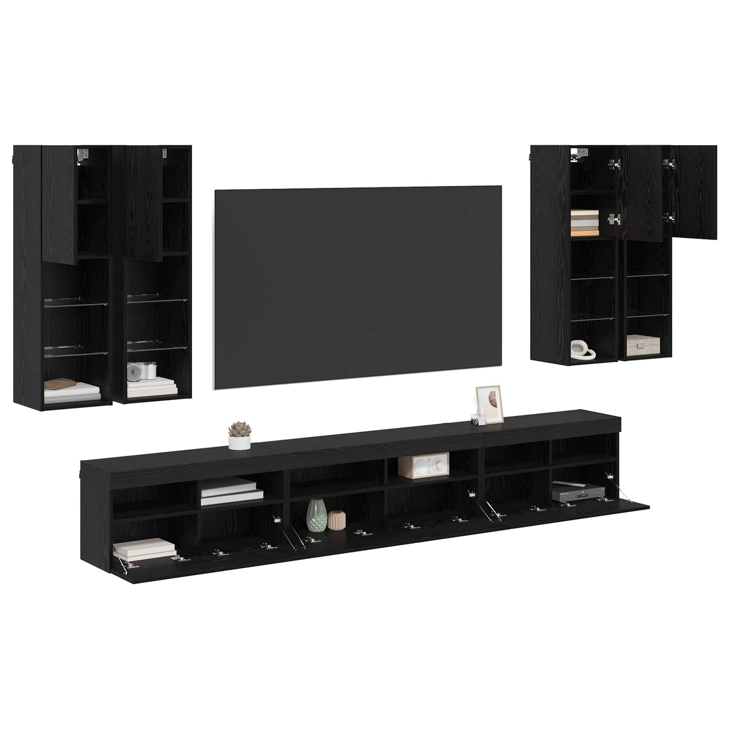 TV väggskåp set Väggmonterad 7 pcs Svart Ek Konstruerat trä