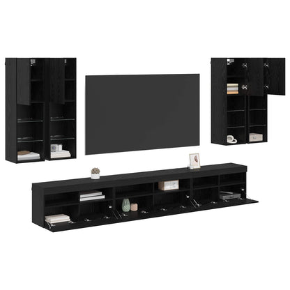 TV väggskåp set Väggmonterad 7 pcs Svart Ek Konstruerat trä