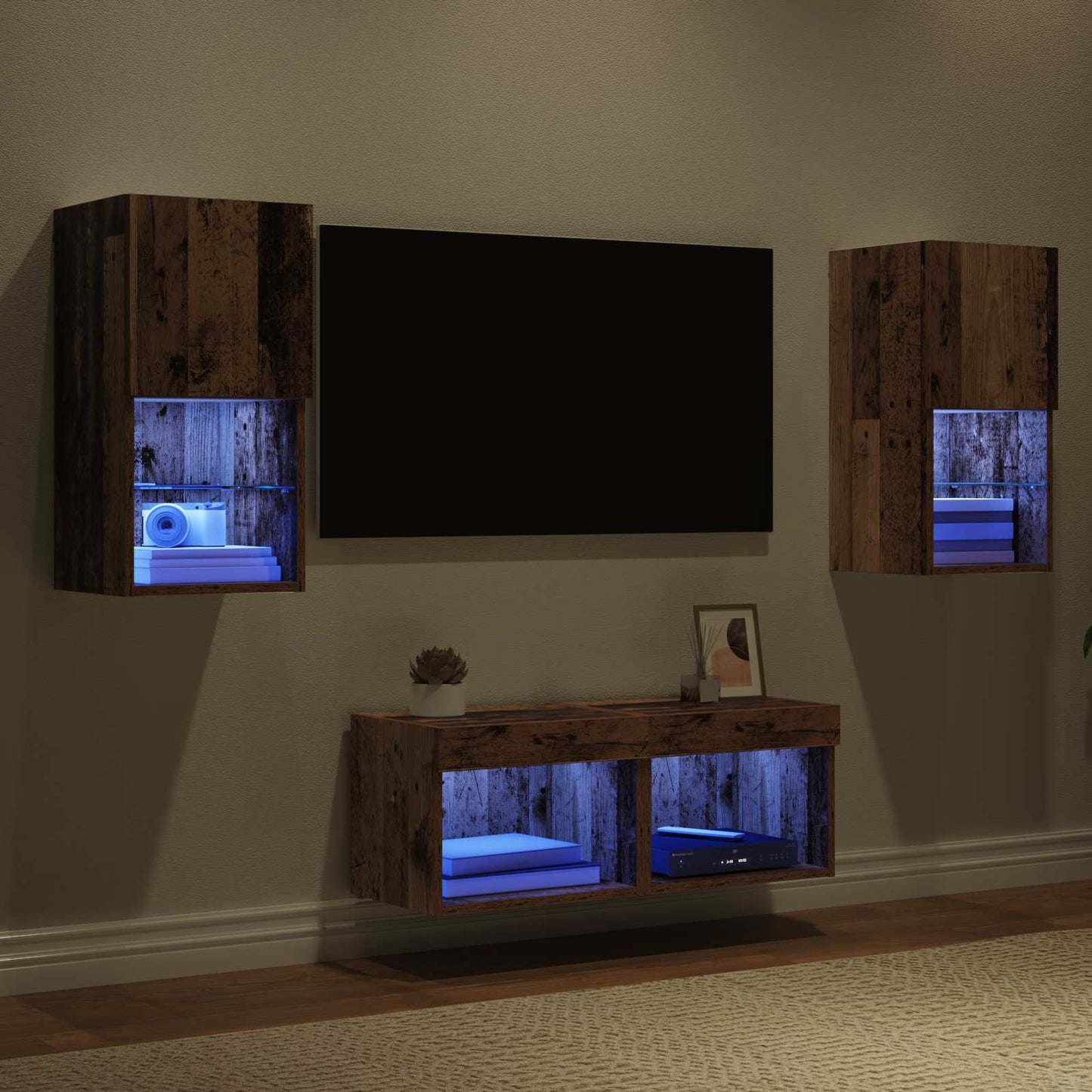TV-väggskåp med LED -remsljus 4 pcs Gammalt trä Konstruerat trä
