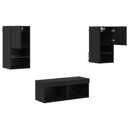 TV-väggskåp med LED -remsljus 4 pcs Svart Ek Konstruerat trä