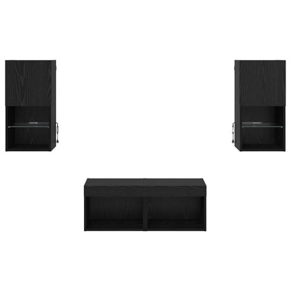 TV-väggskåp med LED -remsljus 4 pcs Svart Ek Konstruerat trä