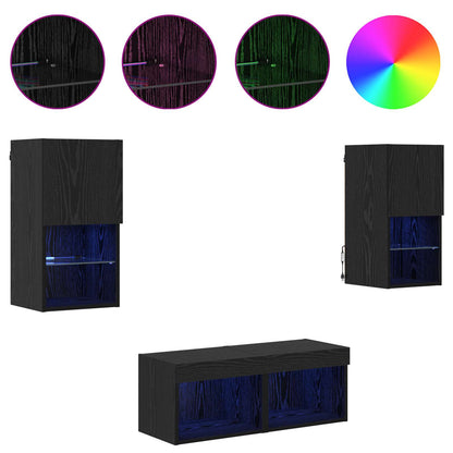 TV-väggskåp med LED -remsljus 4 pcs Svart Ek Konstruerat trä