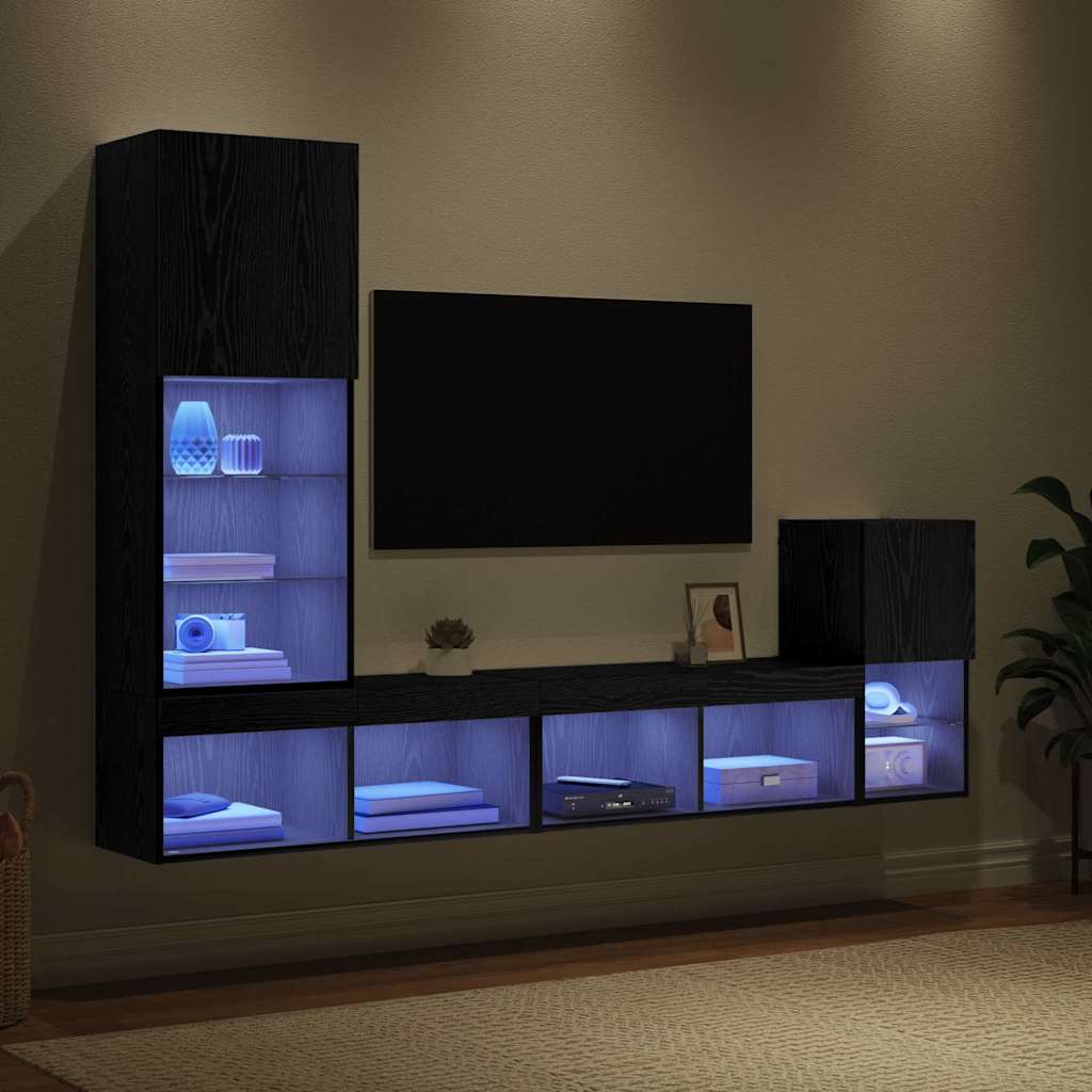 TV Vägg Enheter med LED -remsljus Svart Ek Konstruerat trä