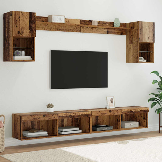 TV-väggenheter med LED 6 pcs Gammalt trä Konstruerat trä